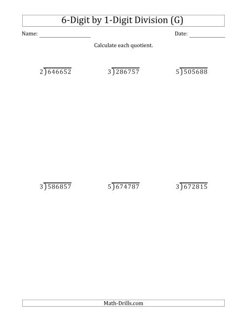 The 6-Digit by 1-Digit Long Division with Remainders and Steps Shown on Answer Key (G) Math Worksheet