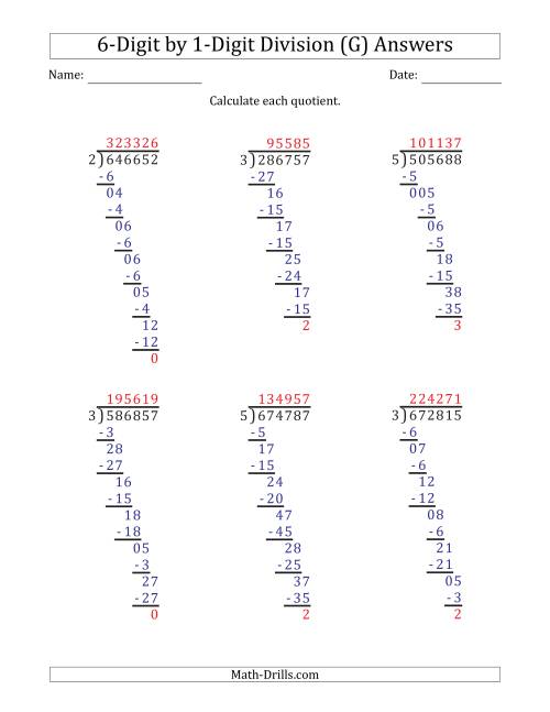 The 6-Digit by 1-Digit Long Division with Remainders and Steps Shown on Answer Key (G) Math Worksheet Page 2