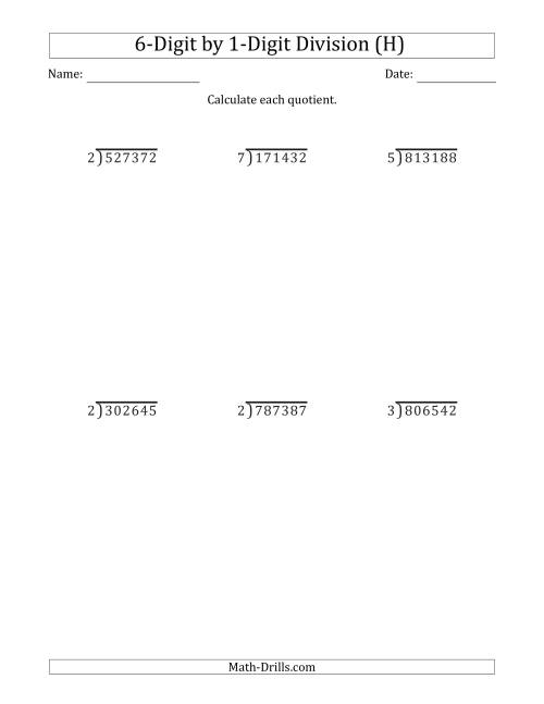 The 6-Digit by 1-Digit Long Division with Remainders and Steps Shown on Answer Key (H) Math Worksheet