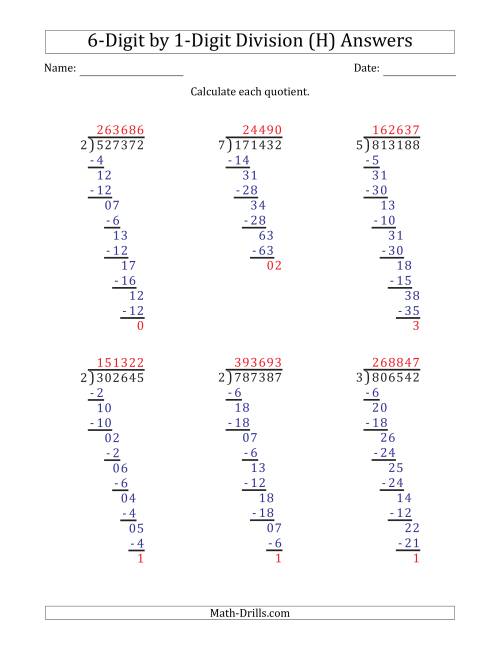The 6-Digit by 1-Digit Long Division with Remainders and Steps Shown on Answer Key (H) Math Worksheet Page 2