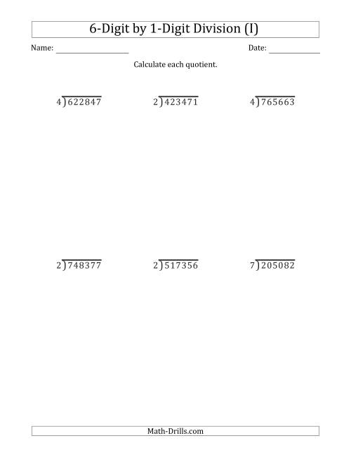 The 6-Digit by 1-Digit Long Division with Remainders and Steps Shown on Answer Key (I) Math Worksheet