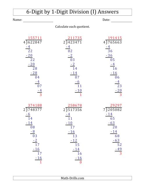 The 6-Digit by 1-Digit Long Division with Remainders and Steps Shown on Answer Key (I) Math Worksheet Page 2