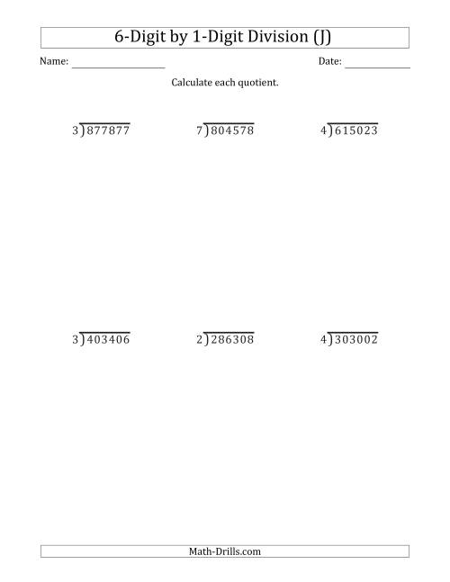 The 6-Digit by 1-Digit Long Division with Remainders and Steps Shown on Answer Key (J) Math Worksheet