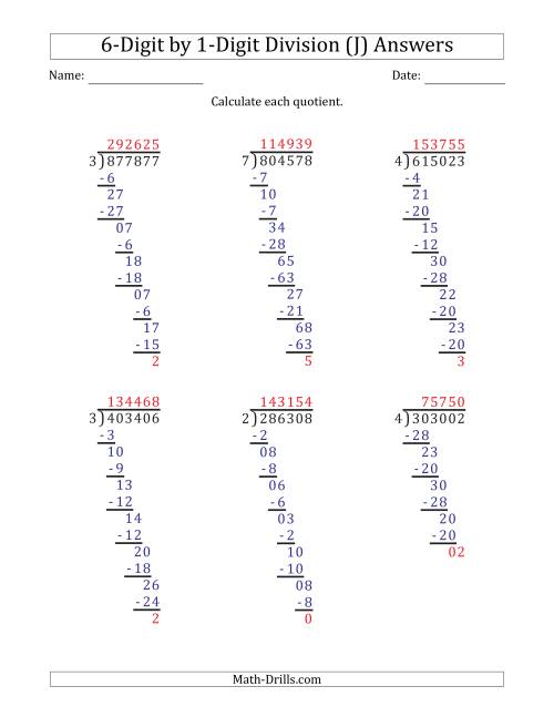 The 6-Digit by 1-Digit Long Division with Remainders and Steps Shown on Answer Key (J) Math Worksheet Page 2
