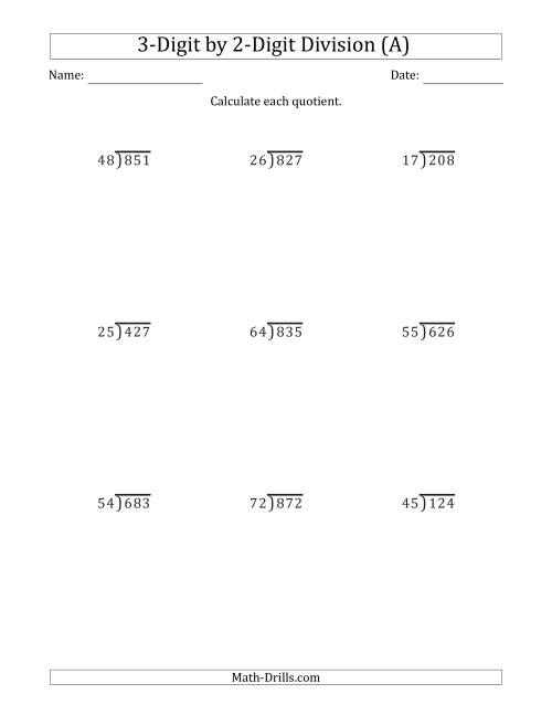 The 3-Digit by 2-Digit Long Division with Remainders and Steps Shown on Answer Key (A) Math Worksheet