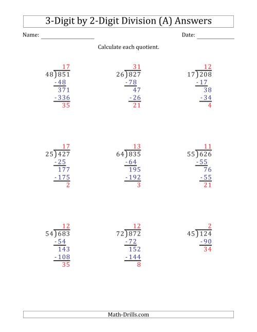 The 3-Digit by 2-Digit Long Division with Remainders and Steps Shown on Answer Key (A) Math Worksheet Page 2