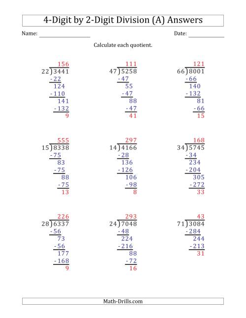 The 4-Digit by 2-Digit Long Division with Remainders and Steps Shown on Answer Key (A) Math Worksheet Page 2