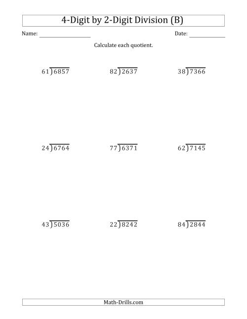 The 4-Digit by 2-Digit Long Division with Remainders and Steps Shown on Answer Key (B) Math Worksheet