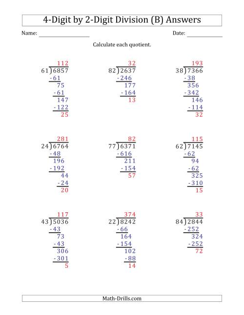 The 4-Digit by 2-Digit Long Division with Remainders and Steps Shown on Answer Key (B) Math Worksheet Page 2