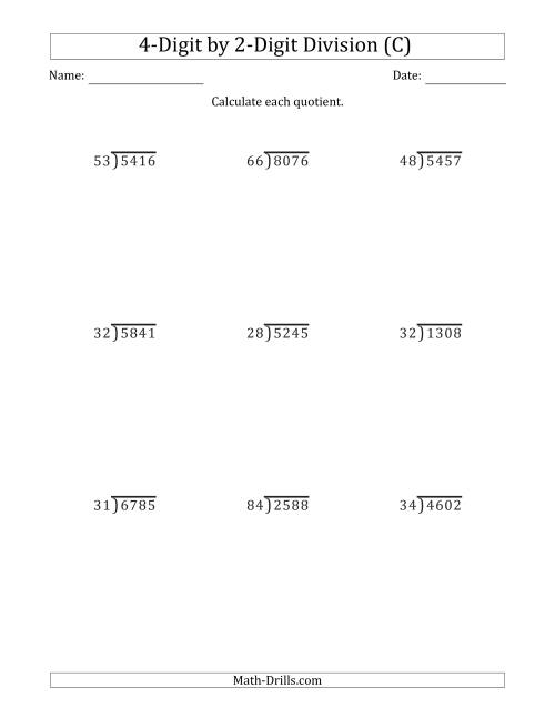 The 4-Digit by 2-Digit Long Division with Remainders and Steps Shown on Answer Key (C) Math Worksheet