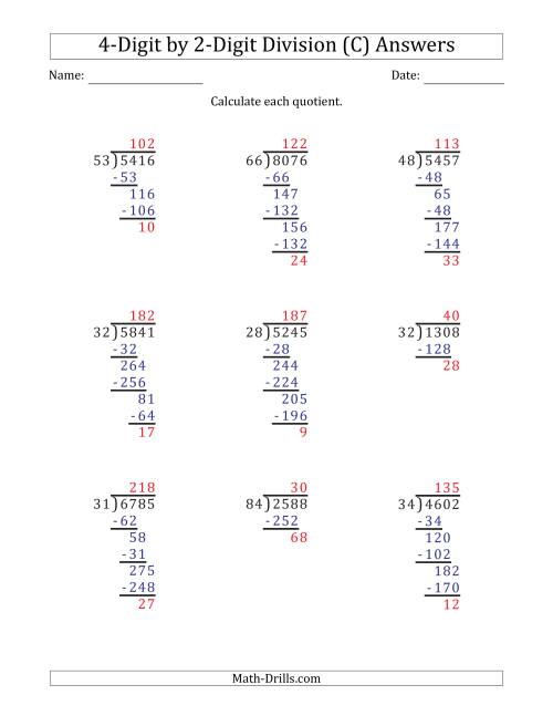 The 4-Digit by 2-Digit Long Division with Remainders and Steps Shown on Answer Key (C) Math Worksheet Page 2