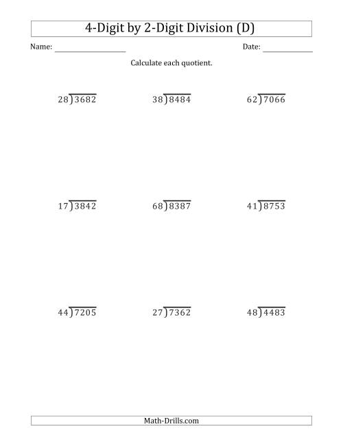 The 4-Digit by 2-Digit Long Division with Remainders and Steps Shown on Answer Key (D) Math Worksheet
