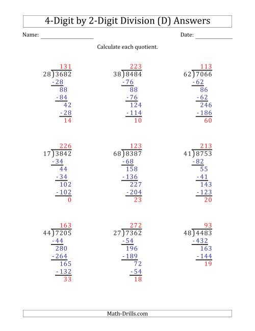 The 4-Digit by 2-Digit Long Division with Remainders and Steps Shown on Answer Key (D) Math Worksheet Page 2