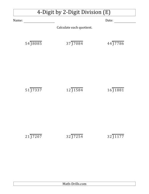 The 4-Digit by 2-Digit Long Division with Remainders and Steps Shown on Answer Key (E) Math Worksheet
