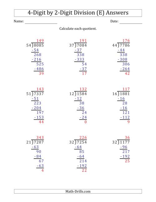The 4-Digit by 2-Digit Long Division with Remainders and Steps Shown on Answer Key (E) Math Worksheet Page 2