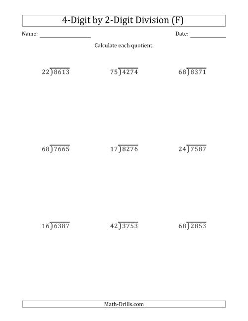 The 4-Digit by 2-Digit Long Division with Remainders and Steps Shown on Answer Key (F) Math Worksheet