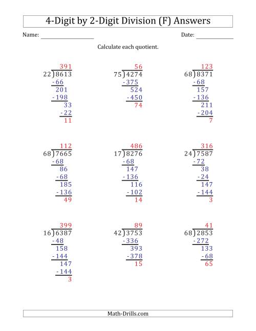The 4-Digit by 2-Digit Long Division with Remainders and Steps Shown on Answer Key (F) Math Worksheet Page 2