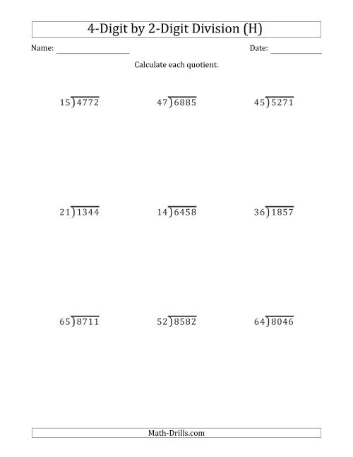 The 4-Digit by 2-Digit Long Division with Remainders and Steps Shown on Answer Key (H) Math Worksheet