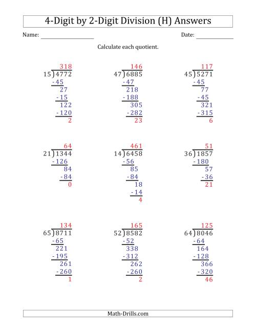The 4-Digit by 2-Digit Long Division with Remainders and Steps Shown on Answer Key (H) Math Worksheet Page 2