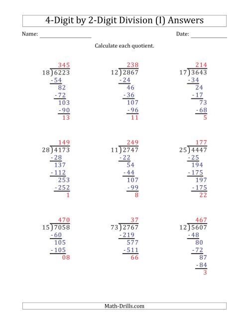 The 4-Digit by 2-Digit Long Division with Remainders and Steps Shown on Answer Key (I) Math Worksheet Page 2