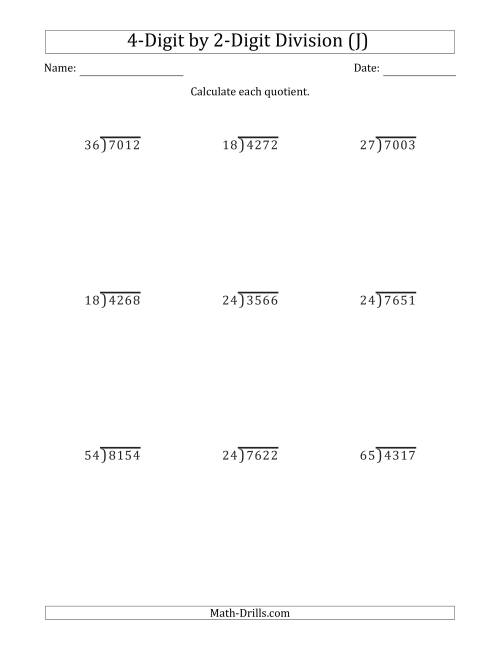 The 4-Digit by 2-Digit Long Division with Remainders and Steps Shown on Answer Key (J) Math Worksheet