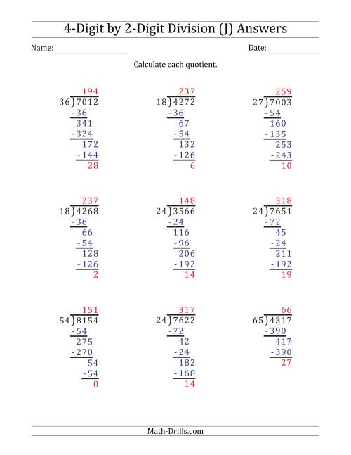 The 4-Digit by 2-Digit Long Division with Remainders and Steps Shown on Answer Key (J) Math Worksheet Page 2