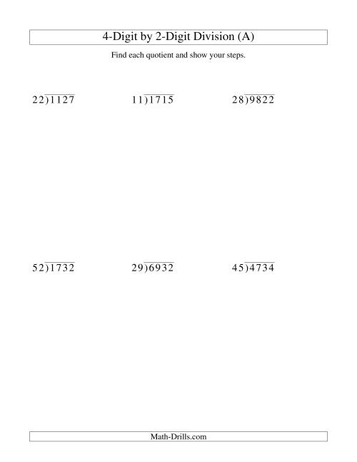 The Dividing a 4-Digit Dividend by a 2-Digit Divisor and Showing Steps (Old) Math Worksheet