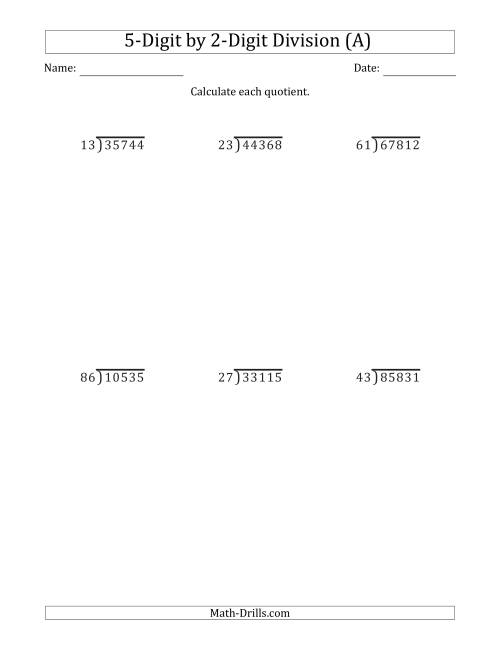 The 5-Digit by 2-Digit Long Division with Remainders and Steps Shown on Answer Key (A) Math Worksheet