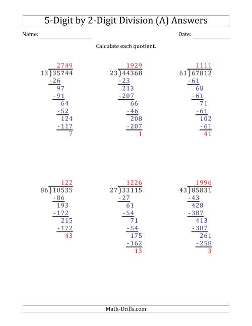 The 5-Digit by 2-Digit Long Division with Remainders and Steps Shown on Answer Key (A) Math Worksheet Page 2