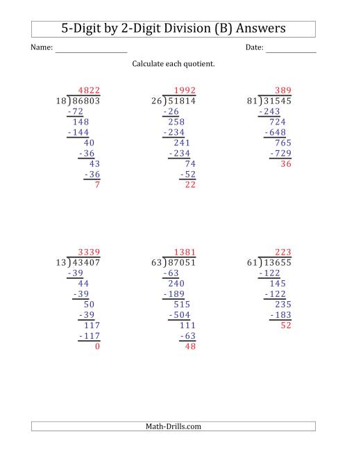 The 5-Digit by 2-Digit Long Division with Remainders and Steps Shown on Answer Key (B) Math Worksheet Page 2