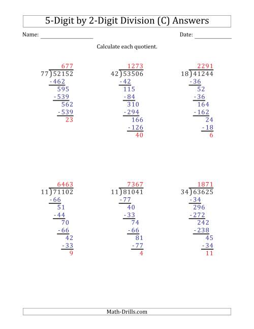 The 5-Digit by 2-Digit Long Division with Remainders and Steps Shown on Answer Key (C) Math Worksheet Page 2