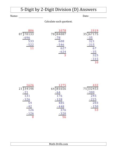 The 5-Digit by 2-Digit Long Division with Remainders and Steps Shown on Answer Key (D) Math Worksheet Page 2