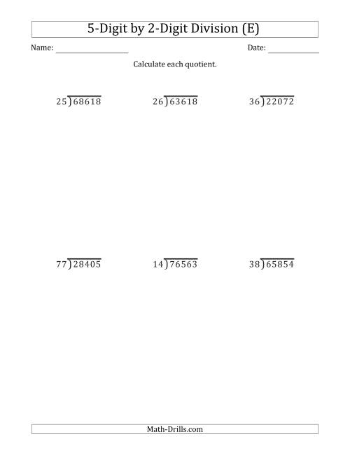 The 5-Digit by 2-Digit Long Division with Remainders and Steps Shown on Answer Key (E) Math Worksheet