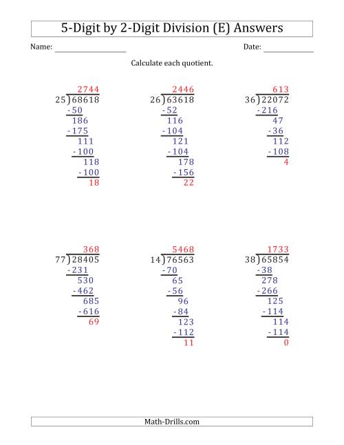 The 5-Digit by 2-Digit Long Division with Remainders and Steps Shown on Answer Key (E) Math Worksheet Page 2