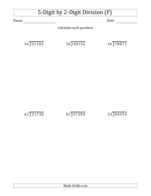 The 5-Digit by 2-Digit Long Division with Remainders and Steps Shown on Answer Key (F) Math Worksheet