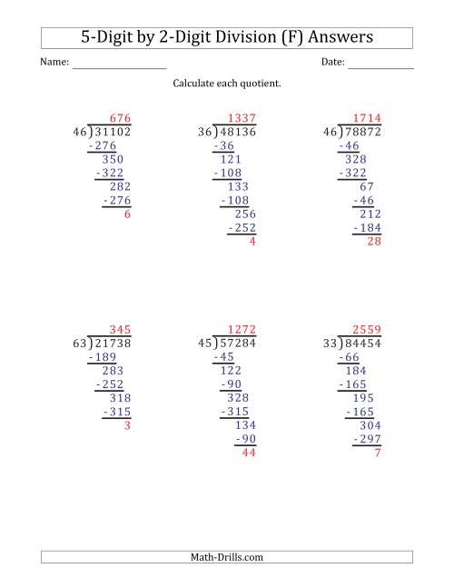 The 5-Digit by 2-Digit Long Division with Remainders and Steps Shown on Answer Key (F) Math Worksheet Page 2
