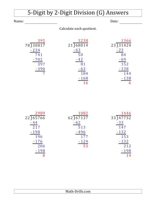 The 5-Digit by 2-Digit Long Division with Remainders and Steps Shown on Answer Key (G) Math Worksheet Page 2
