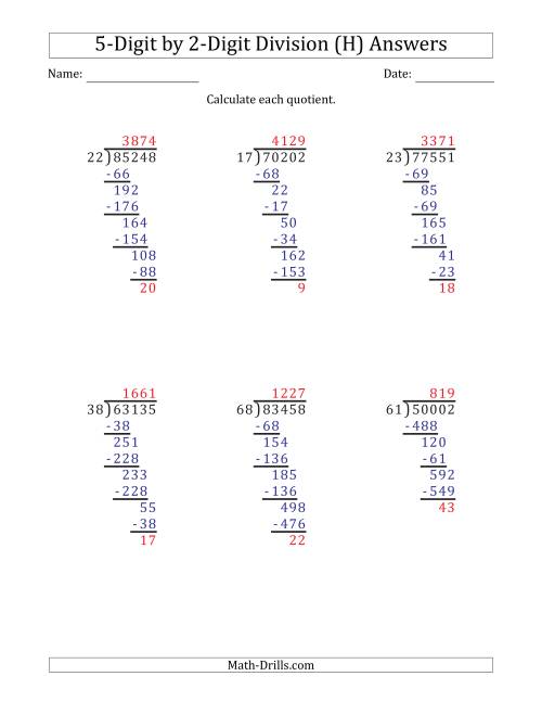 The 5-Digit by 2-Digit Long Division with Remainders and Steps Shown on Answer Key (H) Math Worksheet Page 2