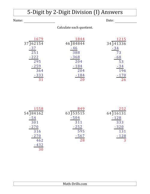 The 5-Digit by 2-Digit Long Division with Remainders and Steps Shown on Answer Key (I) Math Worksheet Page 2