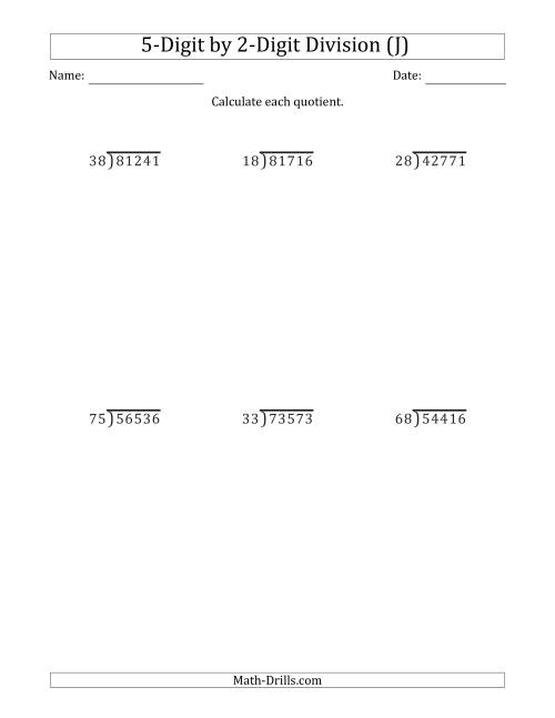 The 5-Digit by 2-Digit Long Division with Remainders and Steps Shown on Answer Key (J) Math Worksheet