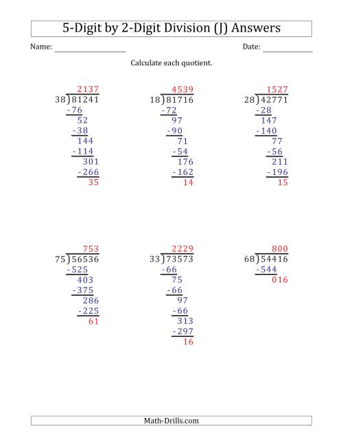 The 5-Digit by 2-Digit Long Division with Remainders and Steps Shown on Answer Key (J) Math Worksheet Page 2