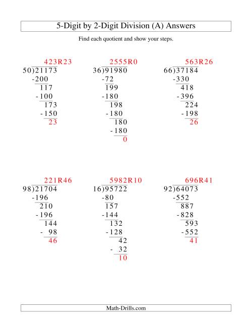 The Dividing a 5-Digit Dividend by a 2-Digit Divisor and Showing Steps (Old) Math Worksheet Page 2