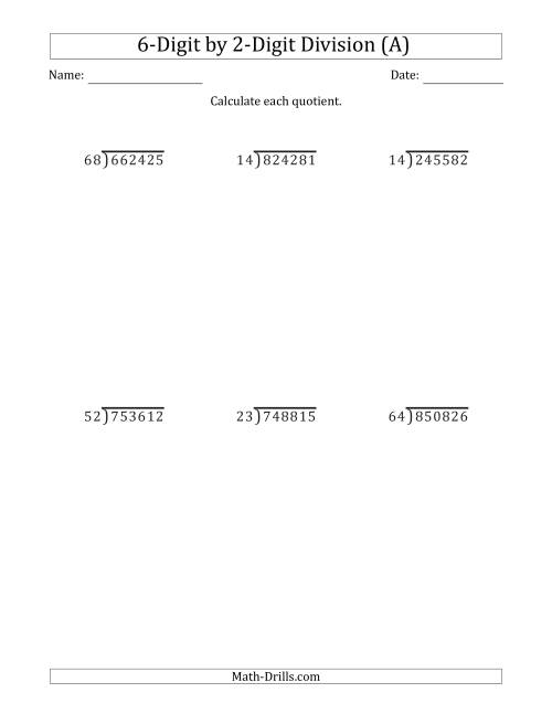 The 6-Digit by 2-Digit Long Division with Remainders and Steps Shown on Answer Key (A) Math Worksheet