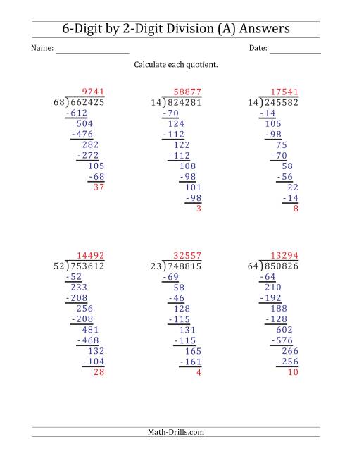 The 6-Digit by 2-Digit Long Division with Remainders and Steps Shown on Answer Key (A) Math Worksheet Page 2