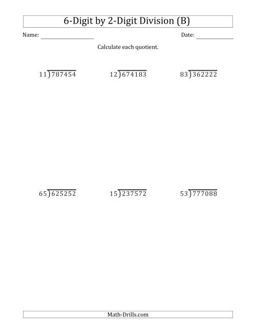 The 6-Digit by 2-Digit Long Division with Remainders and Steps Shown on Answer Key (B) Math Worksheet