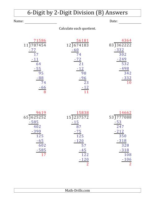 The 6-Digit by 2-Digit Long Division with Remainders and Steps Shown on Answer Key (B) Math Worksheet Page 2