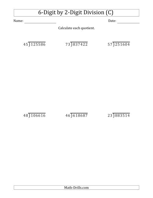The 6-Digit by 2-Digit Long Division with Remainders and Steps Shown on Answer Key (C) Math Worksheet