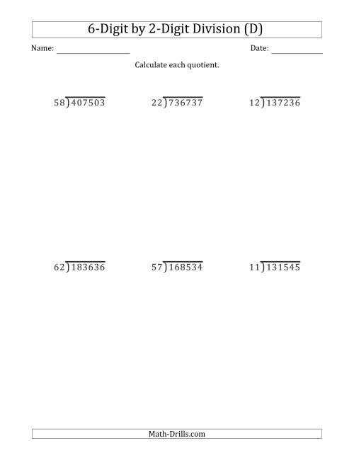 The 6-Digit by 2-Digit Long Division with Remainders and Steps Shown on Answer Key (D) Math Worksheet