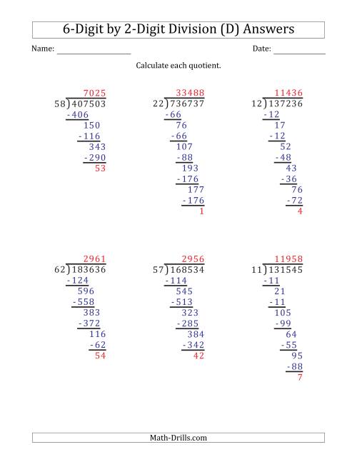The 6-Digit by 2-Digit Long Division with Remainders and Steps Shown on Answer Key (D) Math Worksheet Page 2