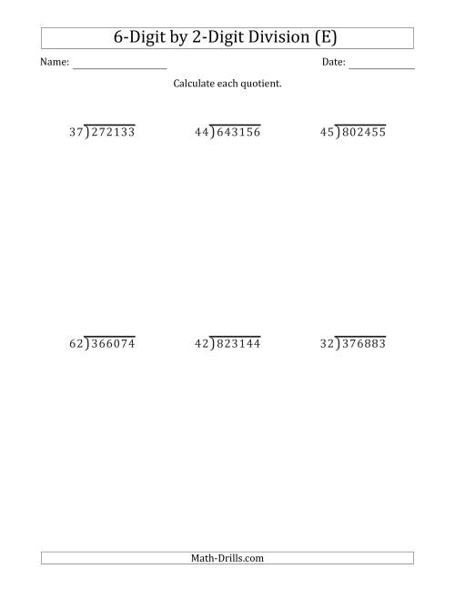 The 6-Digit by 2-Digit Long Division with Remainders and Steps Shown on Answer Key (E) Math Worksheet